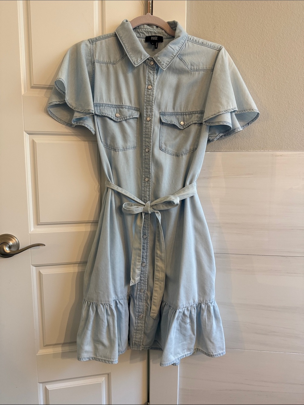 PAIGE Light Wash Denim Shirt Dress with Tie Waist